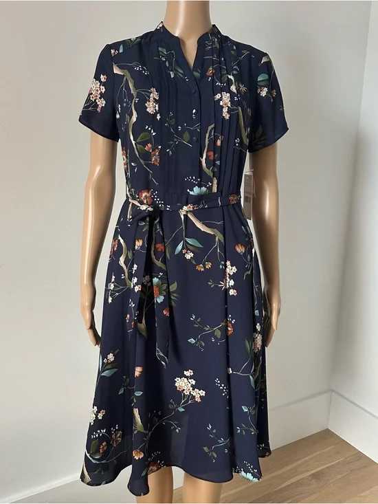 (NWT) NANETTE LEPORE Navy Floral Print Pintuck Dress - Picture 2 of 16